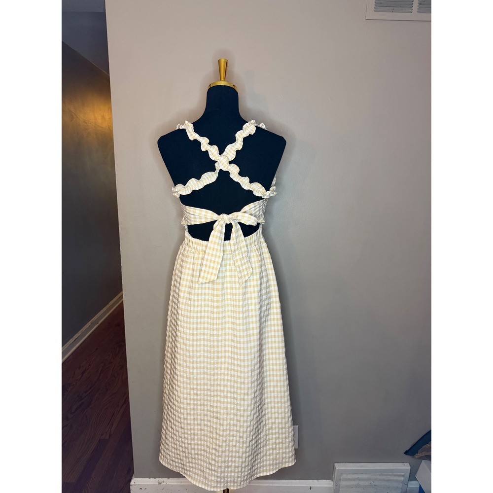 Le Lis Collection Yellow Gingham Smocked Midi Dress Ruffle Back Tie Womens M - Picture 2 of 3